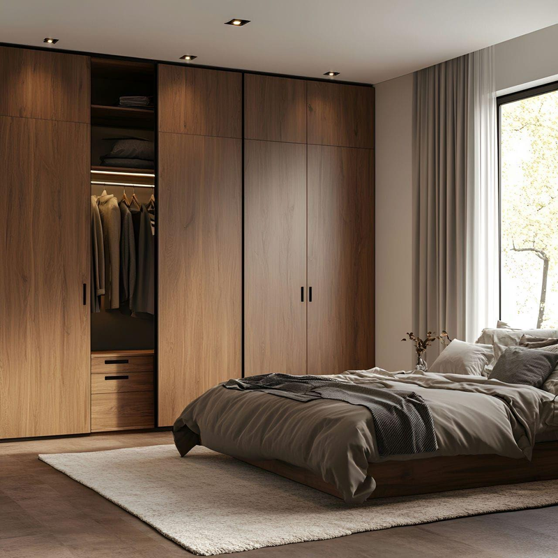 Dormitorio con closet y ropero de madera
