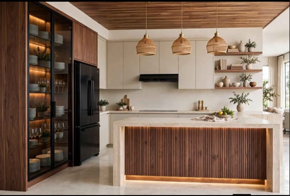 Cocina integral moderna con isla y lámparas colgantes